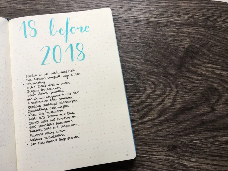 Seite 18 before 2018 mit blauem Lettering und handgeschriebener Zielliste