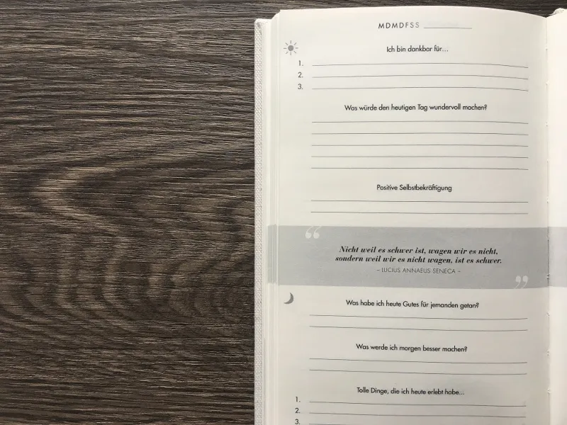 Gedruckte Tagebuchseite mit deutschen Fragen wie Ich bin dankbar für