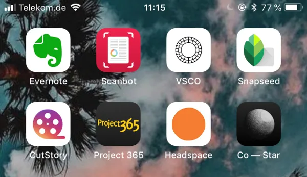 iPhone-Homescreen mit Apps wie Evernote, Scanbot, VSCO und Snapseed