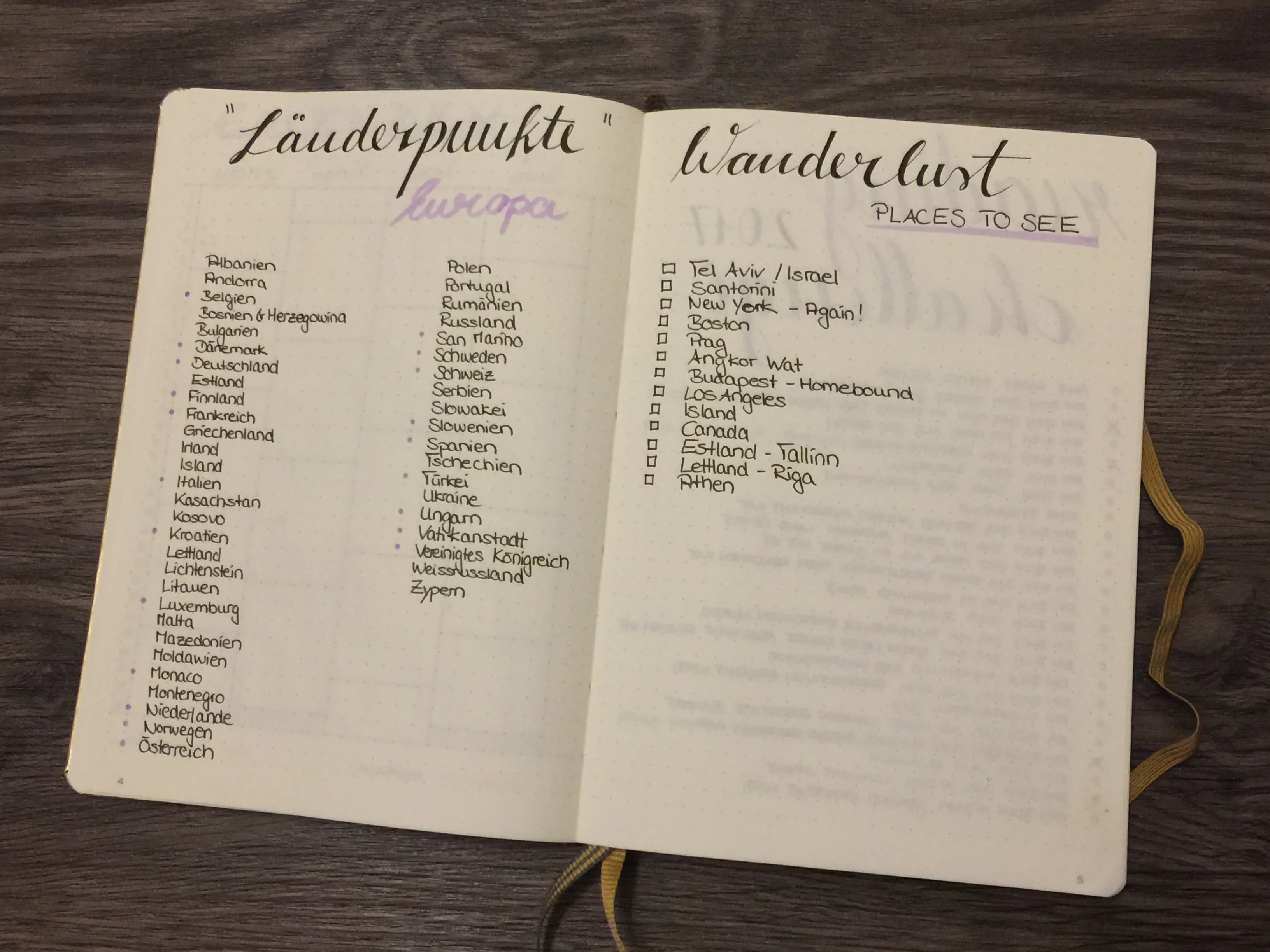 Bullet Journal Reisen, Länderpunkte und Ziele, die ich sehen möchte