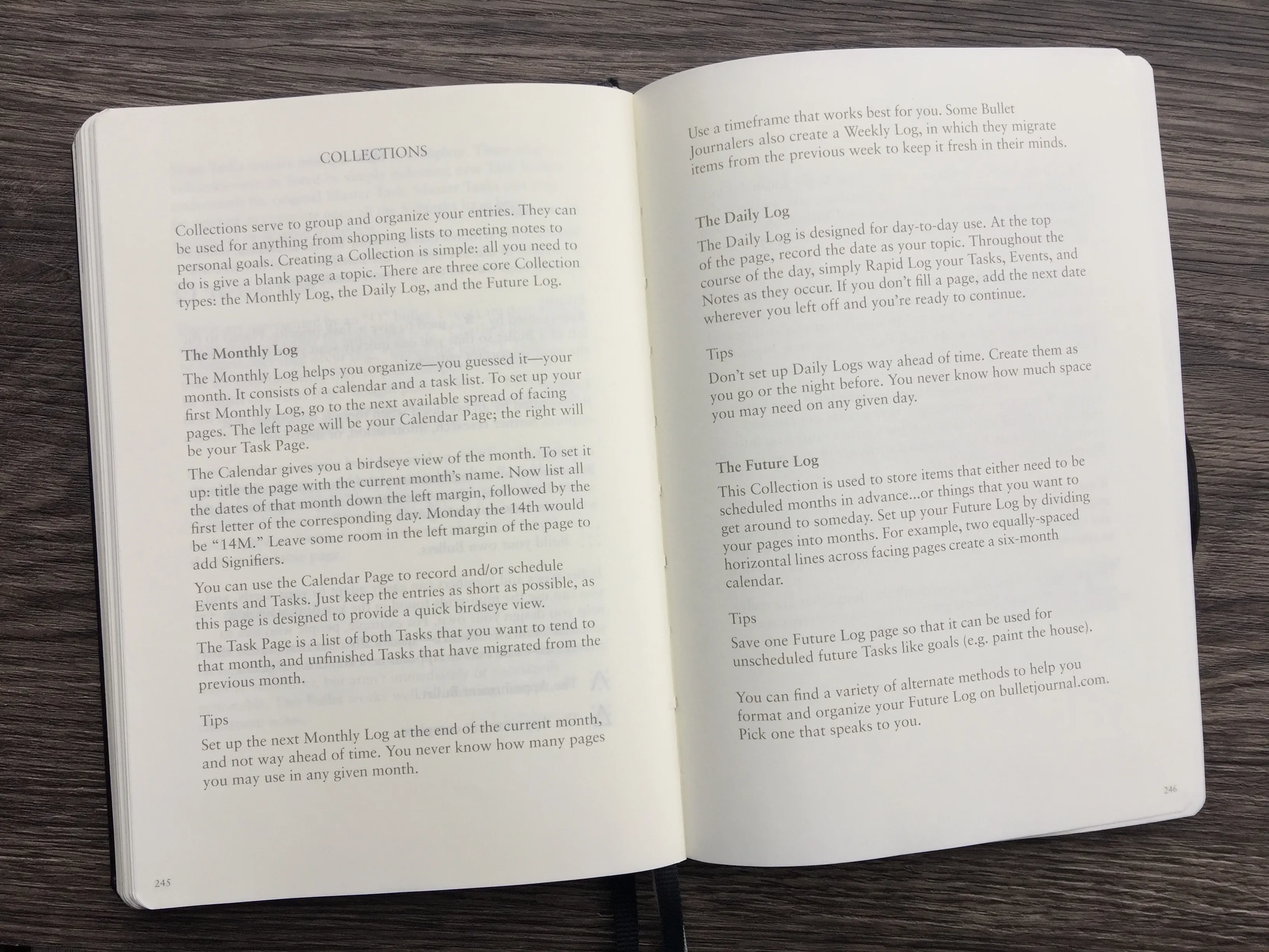 Aufgeschlagenes Bullet-Journal-Buch mit Textseiten über Collections