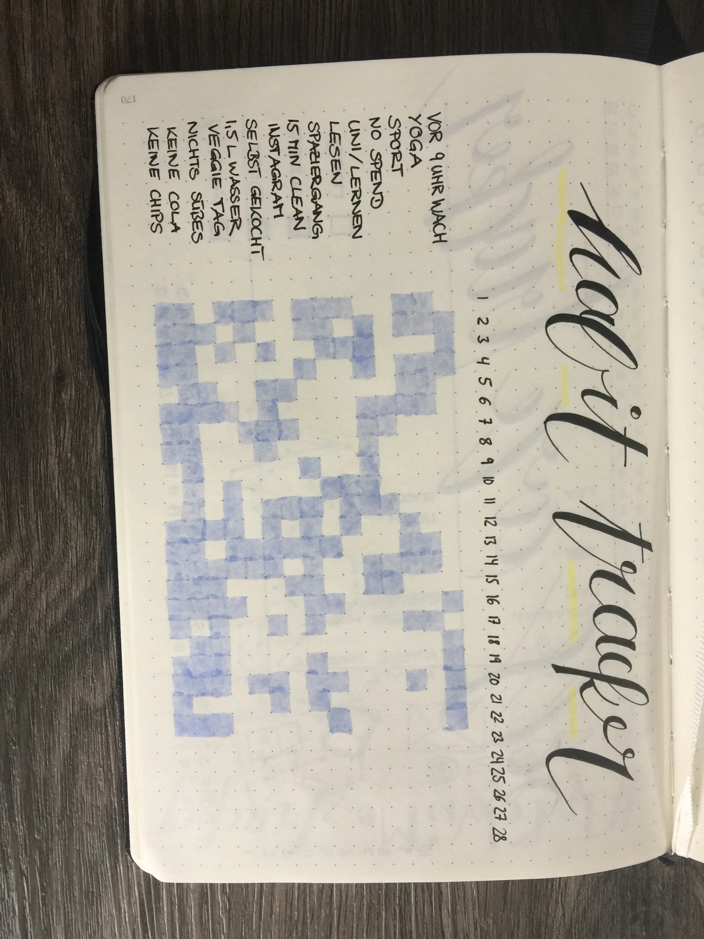 Handgeletterter Habit Tracker im Bullet Journal mit einer Liste von Gewohnheiten und blau ausgefüllten Tagesfeldern von 1 bis 28