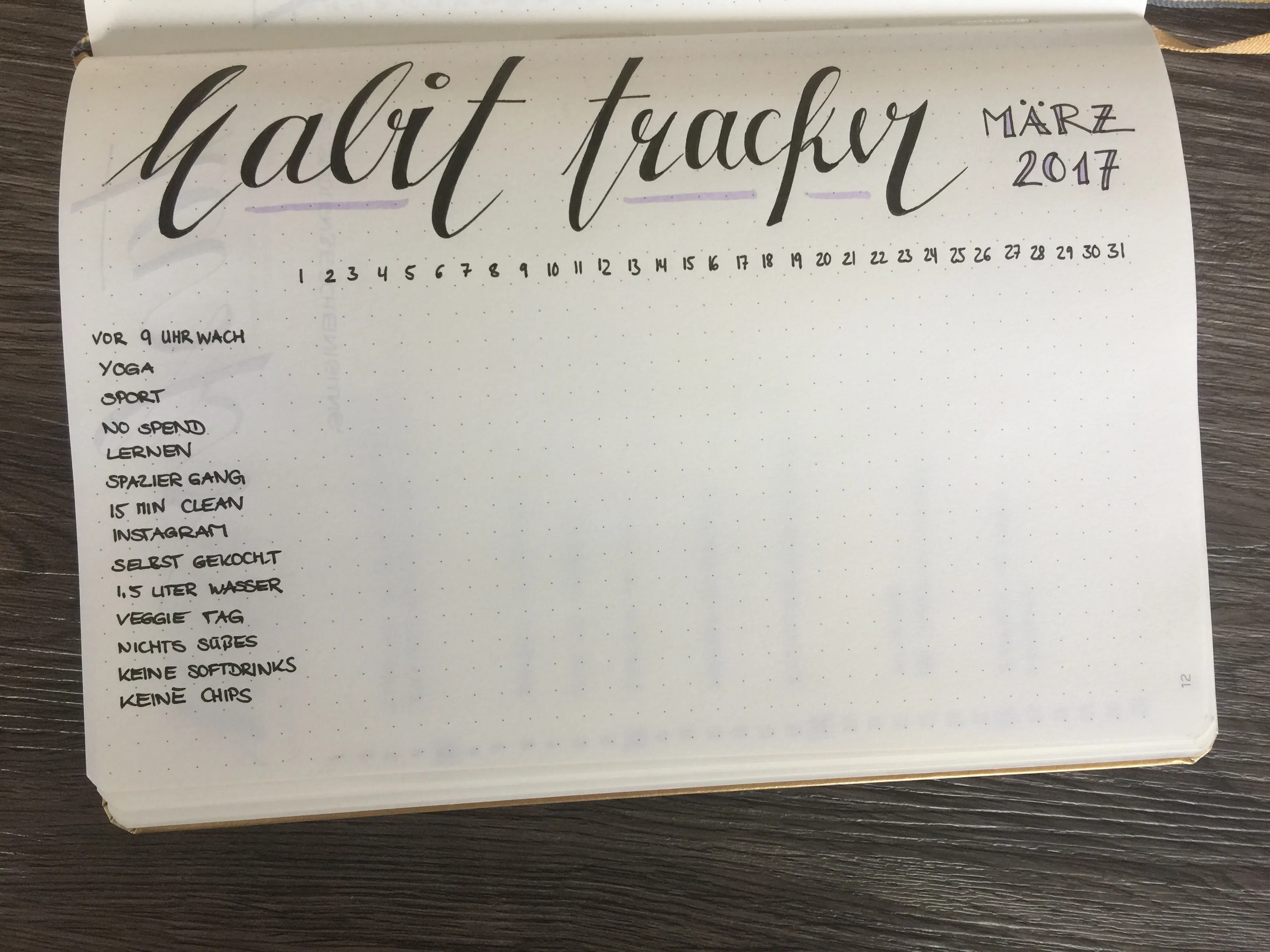 Habit Tracker für März mit Gewohnheitenliste und Datumsreihe