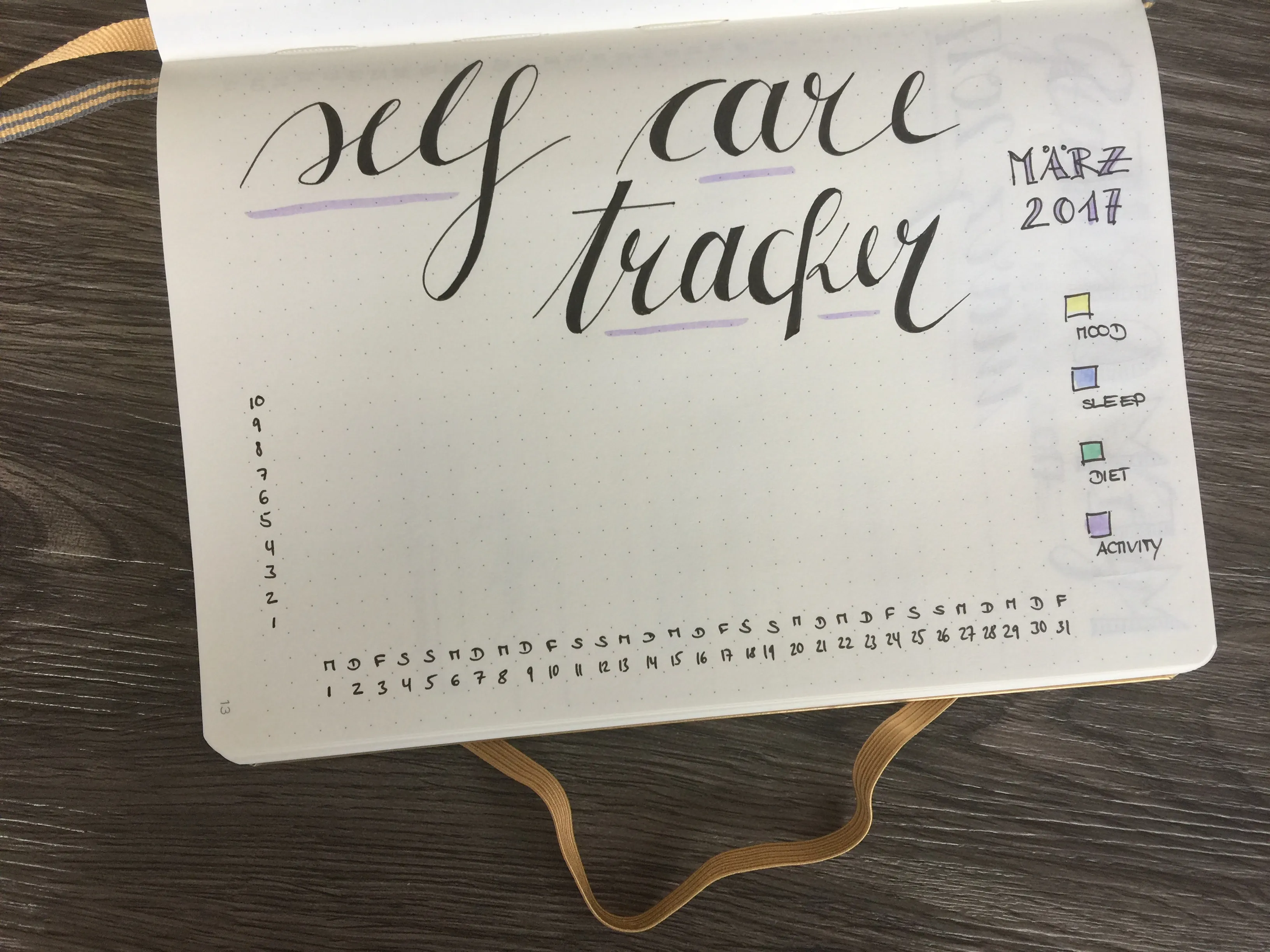 Self Care Tracker für März mit Farblegende für Mood, Sleep, Diet und Activity
