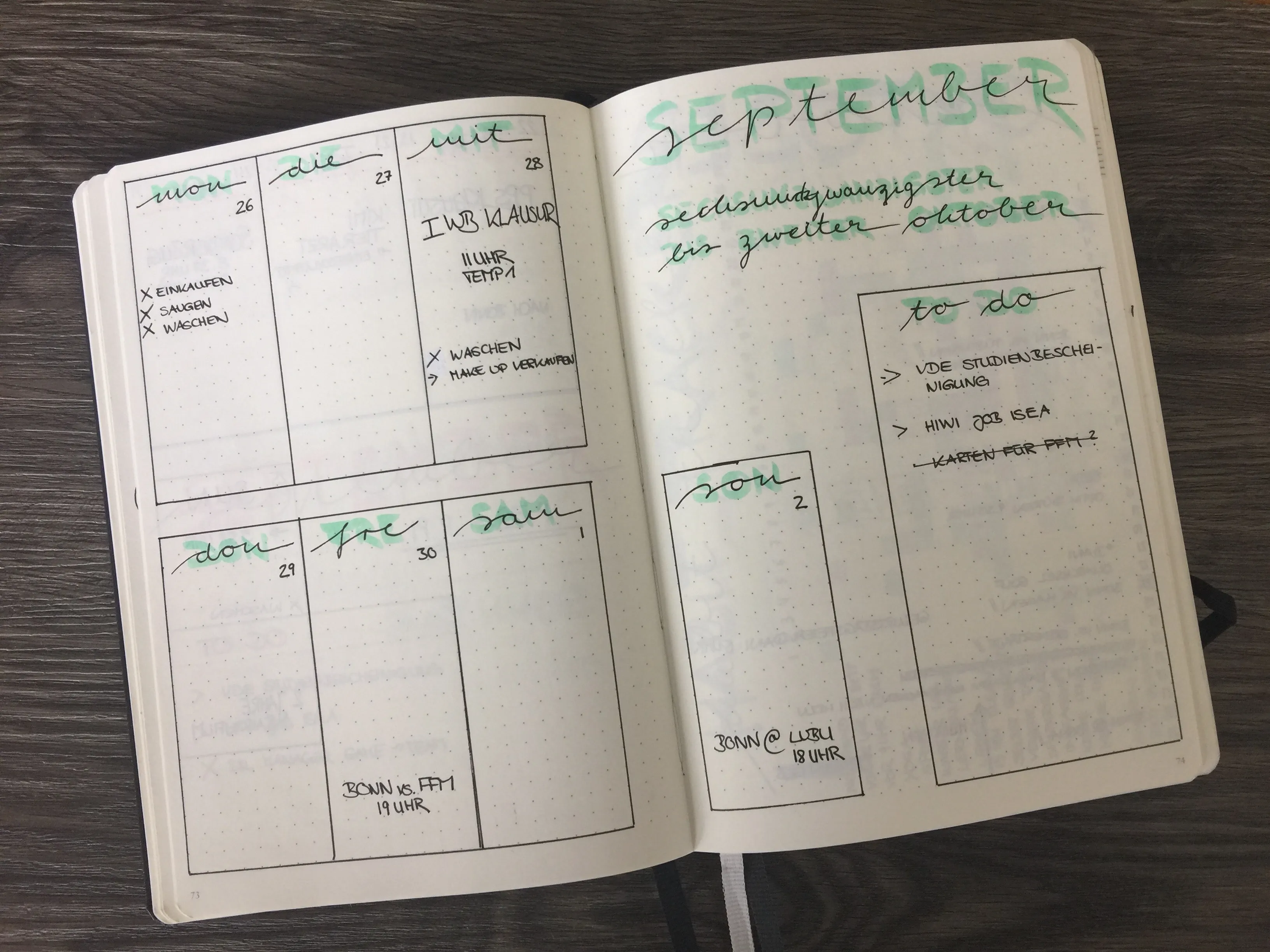 Wochenübersicht September mit grünem Lettering und To-do-Kasten