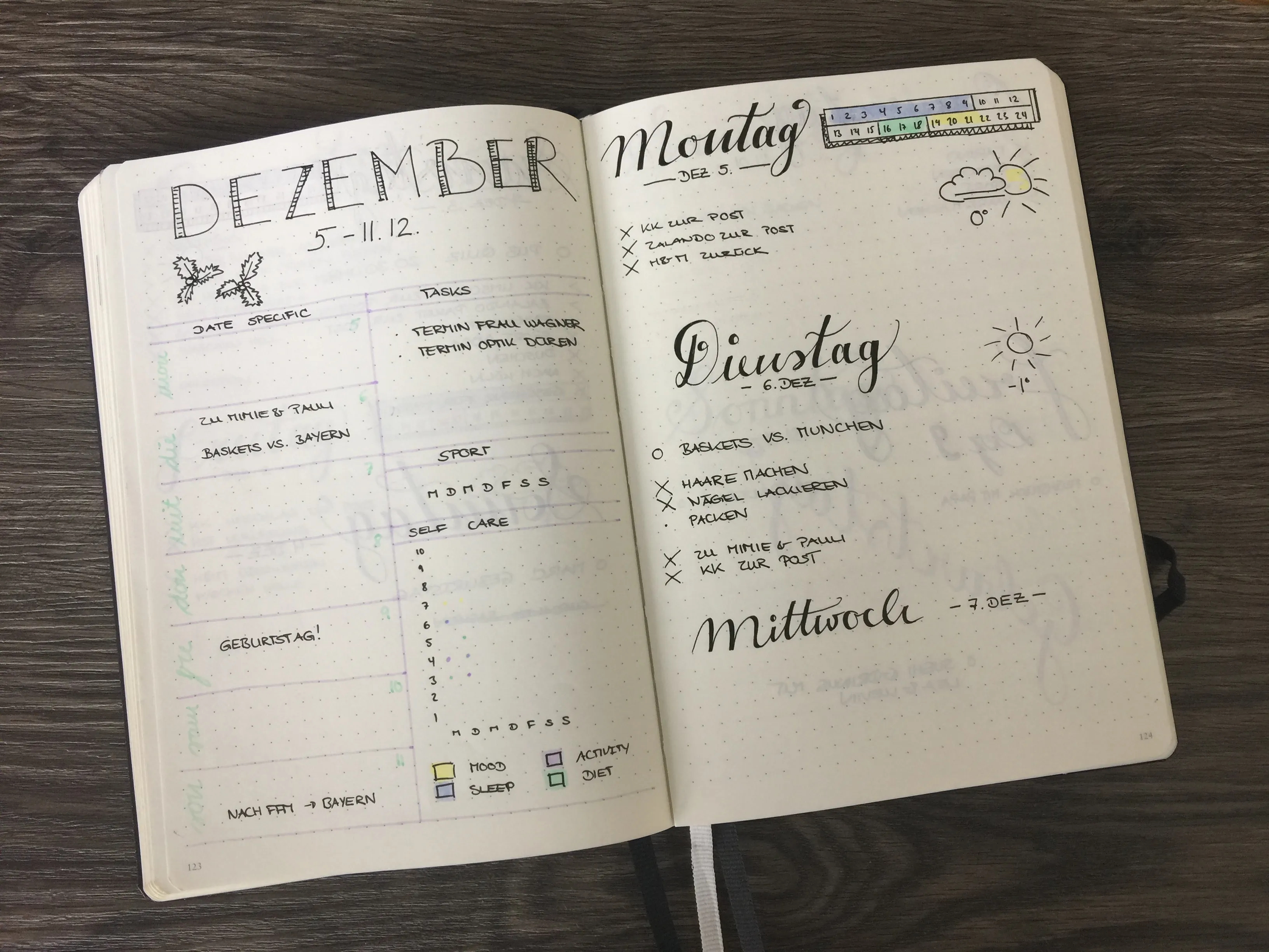 Wochenübersicht Dezember mit Handlettering, Wettersymbolen und Self-Care-Tracker