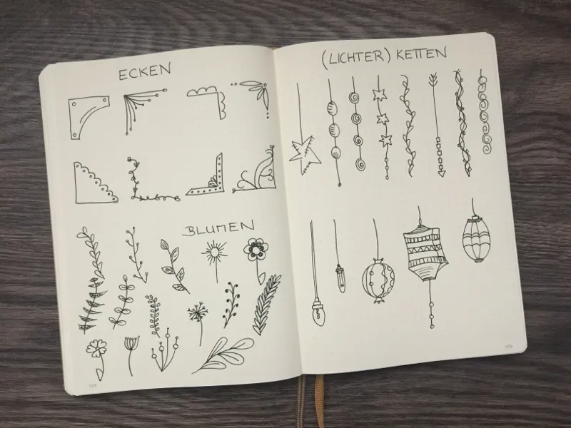 Handgezeichnete Ecken-Verzierungen, Blumen- und Blätter-Doodles sowie Lichterketten und Laternen in Schwarz auf zwei Bullet-Journal-Seiten