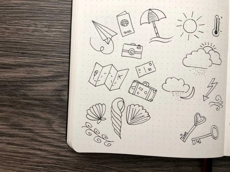 Reise-Doodles mit Papierflieger, Reisepass, Sonnenschirm, Kamera, Landkarte und Koffer
