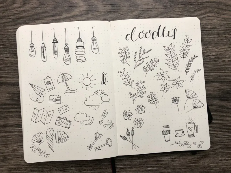 Doodle-Doppelseite mit Gluehbirnen, Reise-Motiven und Blumen sowie Lettering doodles