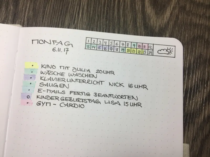 Tagesseite Montag mit farbcodierten Aufgaben und kleinem Stunden-Tracker