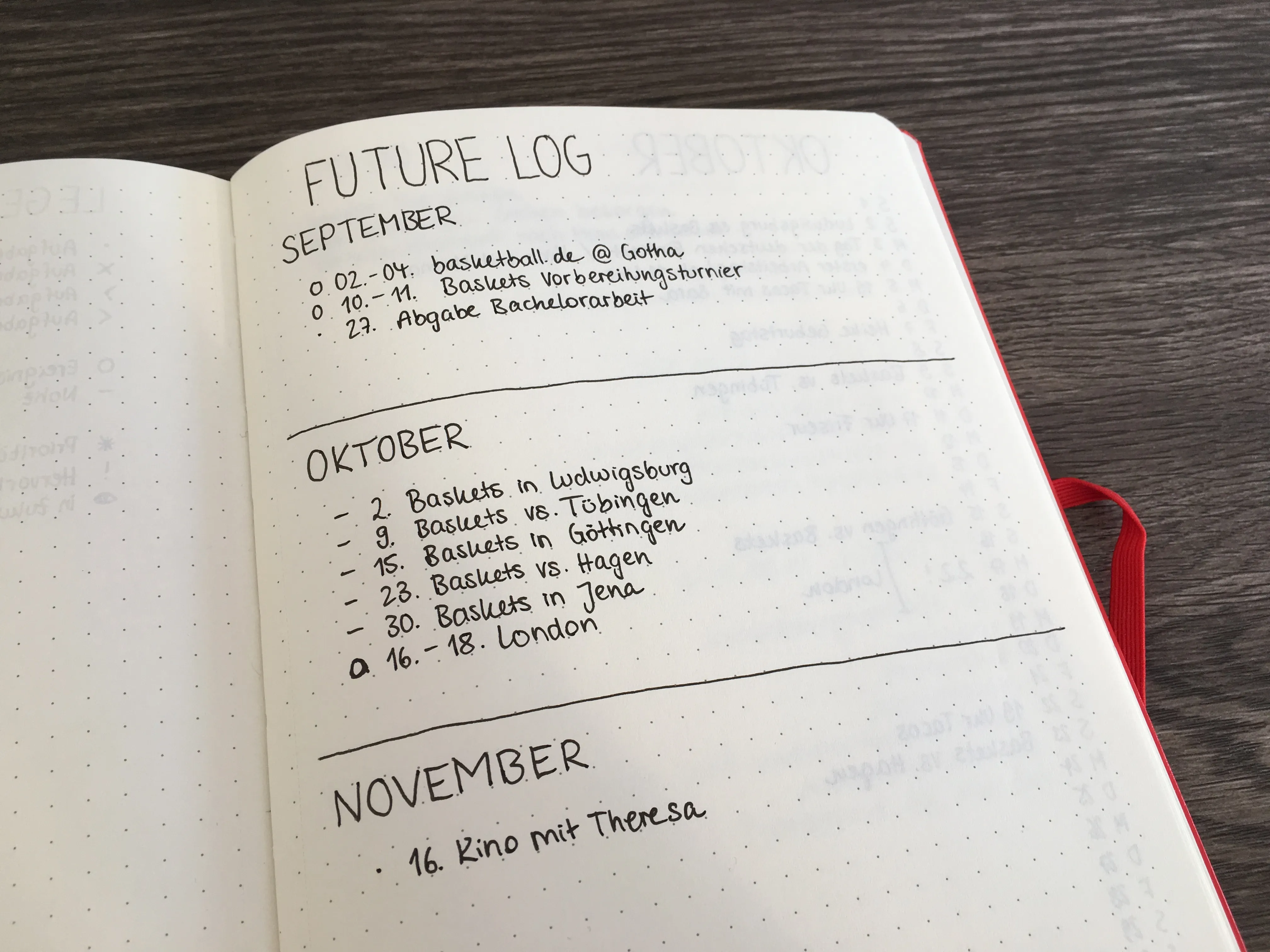 Future Log eines Bullet Journals mit Terminen für September, Oktober und November