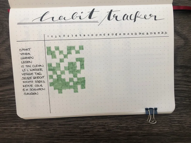 Handgeletterter Habit Tracker im Bullet Journal mit Gewohnheitenliste und grün ausgefüllten Tagesfeldern