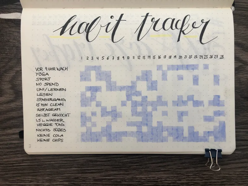 Handgeletterter Habit Tracker im Bullet Journal mit langer Gewohnheitenliste und blau ausgefüllten Feldern von Tag 1 bis 28