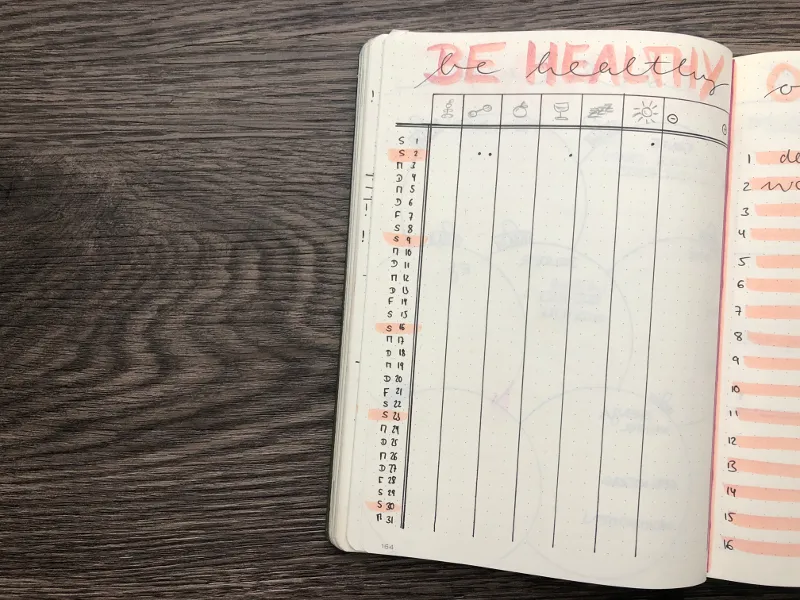 Habit Tracker Be Healthy mit Tagesspalte und Symbolen, rosa markiert