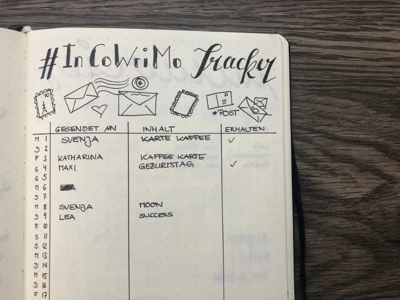 InCoWriMo-Tracker im Bullet Journal mit Briefsymbolen und einer Tabelle, wem an welchem Tag Post gesendet wurde