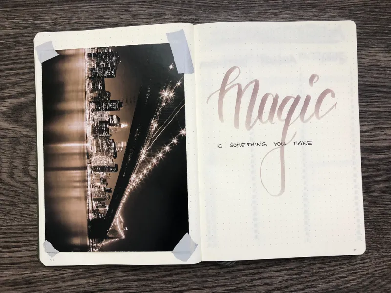 Eingeklebtes Skyline-Foto neben Handlettering Magic is something you make