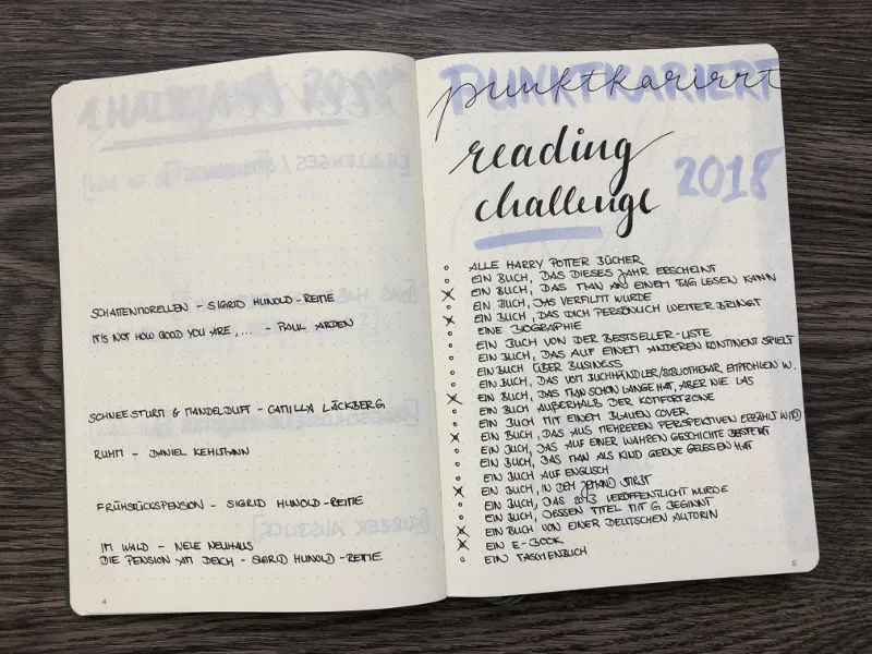 Handschriftliche Reading-Challenge-Liste 2018 mit Buchtiteln im Notizbuch