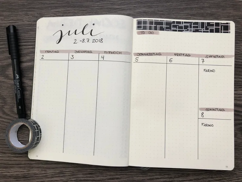 Wochenübersicht Juli mit Washi-Tape-Rolle und schwarzem Fineliner