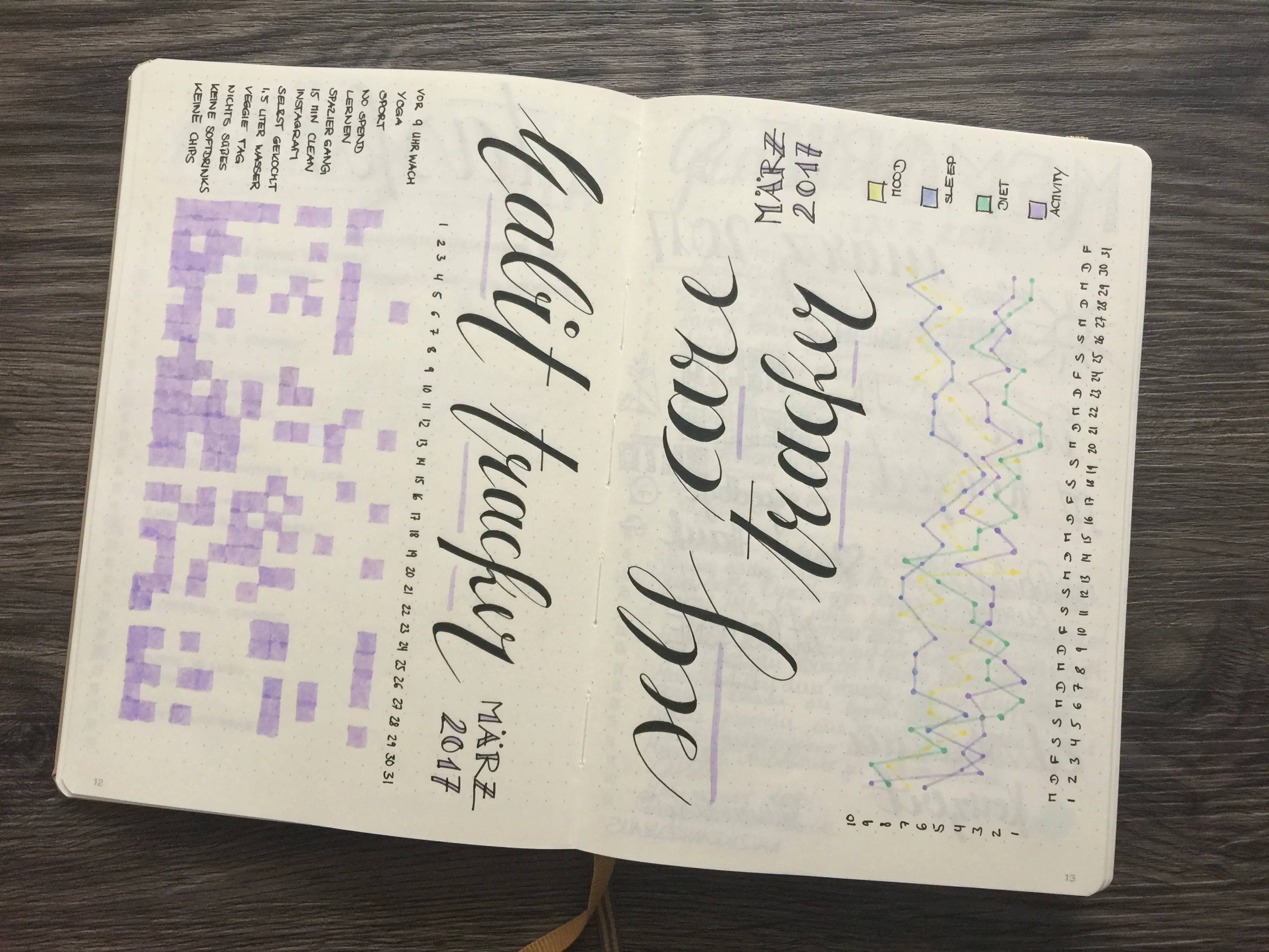 Habit- und Self-Care-Tracker März 2017 mit violetter Markierung und Liniendiagramm