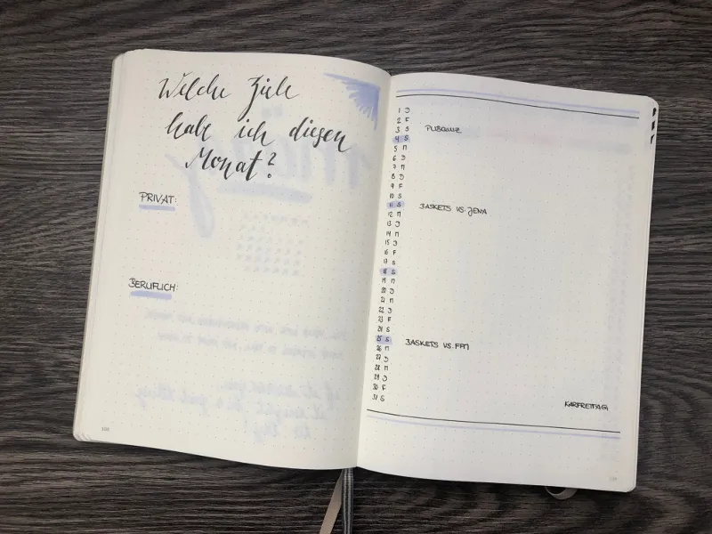 Monatsziele-Frage und Kalenderseite mit Terminen im Bullet Journal