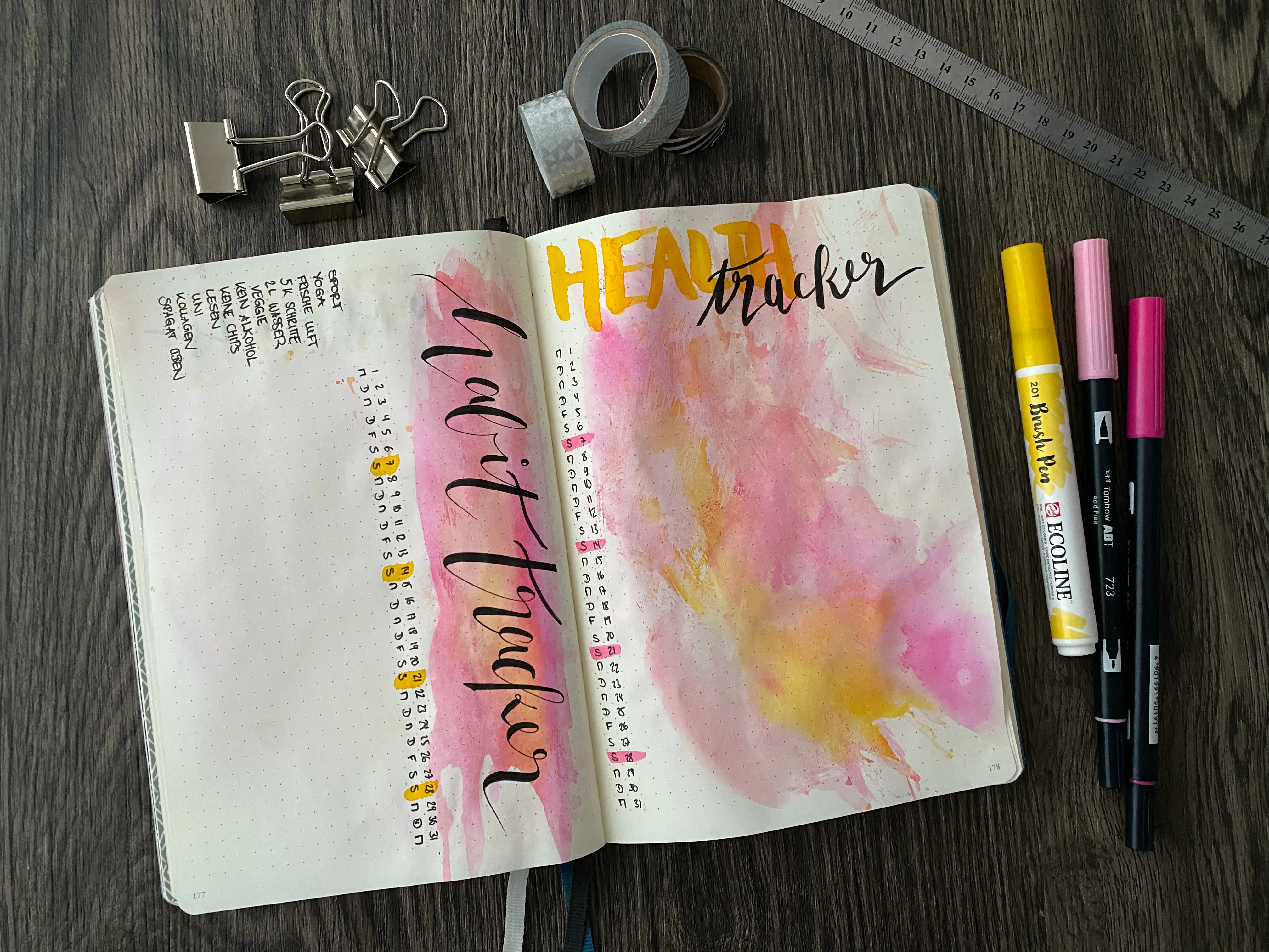 Habit Tracker und Health Tracker als Aquarell-Doppelseite mit Gewohnheitenliste am Rand