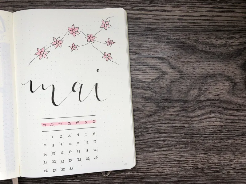 Mai-Deckblatt mit Handlettering und gezeichneten rosa Blumen