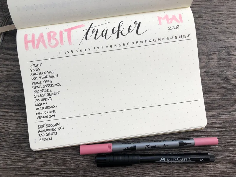 Leerer Habit Tracker für Mai 2018 im Bullet Journal mit Gewohnheitenliste und rosa-schwarzer Beschriftung, daneben zwei Stifte