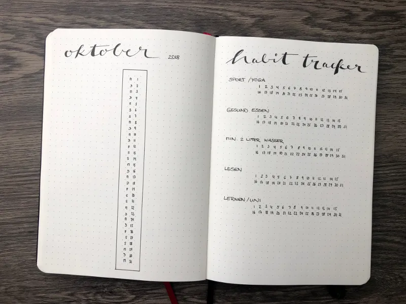 Minimalistische Oktober-Monatsübersicht mit senkrechter Datumsspalte und ein Habit Tracker mit durchnummerierten Tagen