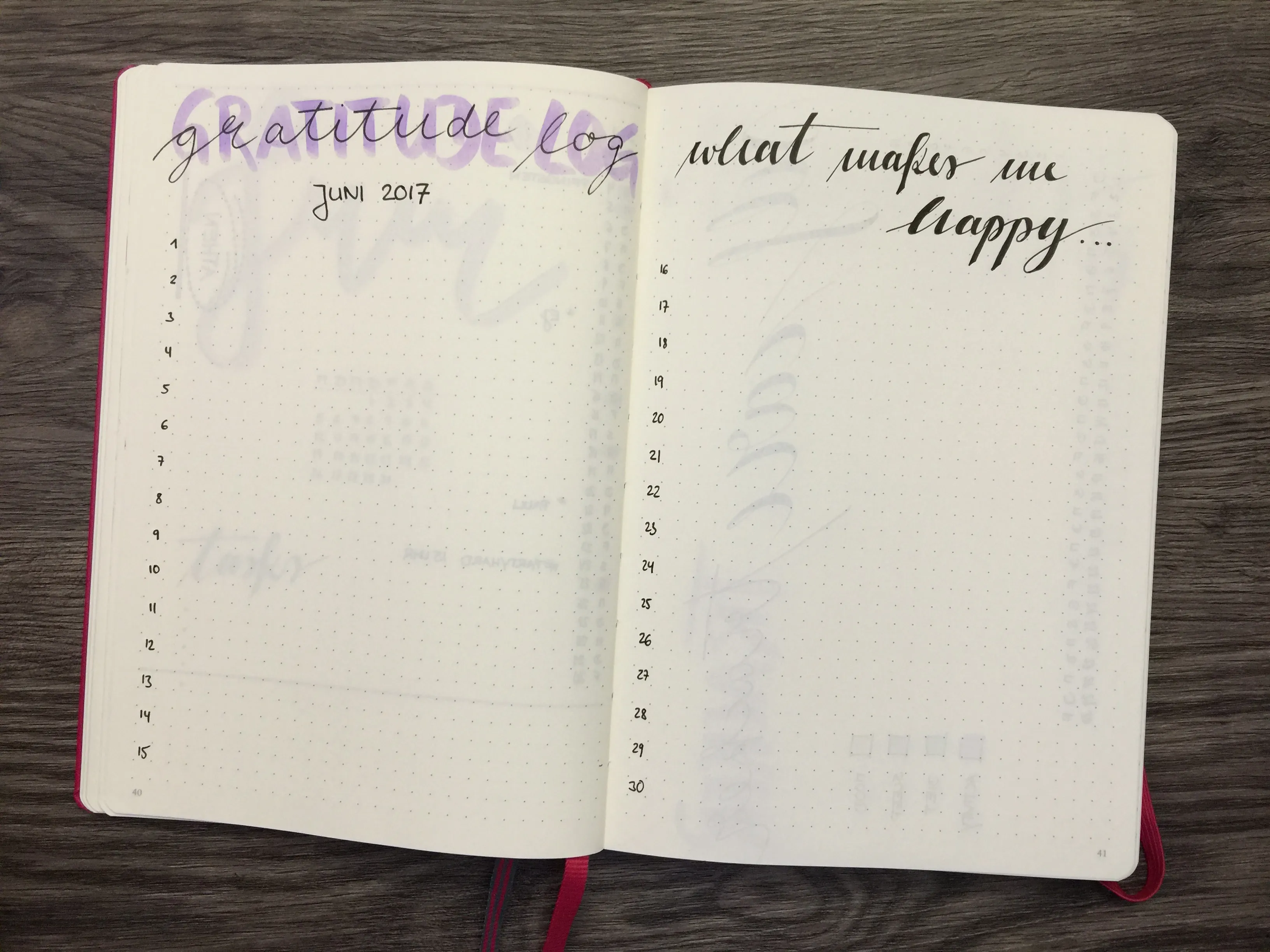 Bullet Journal Monatsübersicht Juni 2017 Gratitude Log