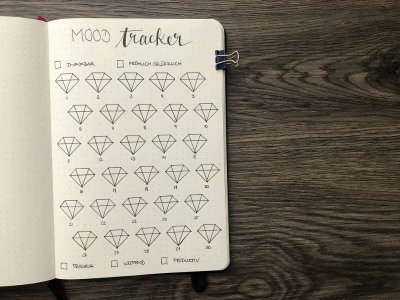 Mood Tracker mit 30 nummerierten Diamant-Doodles, die je nach Tagesstimmung ausgemalt werden, mit Legende