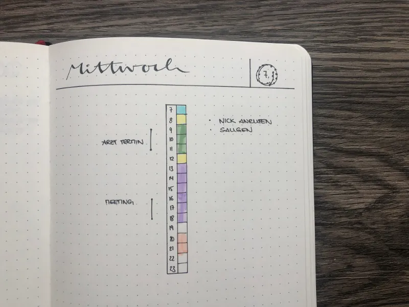 Tagesplan Mittwoch mit farbiger Stundenleiste und To-do-Liste