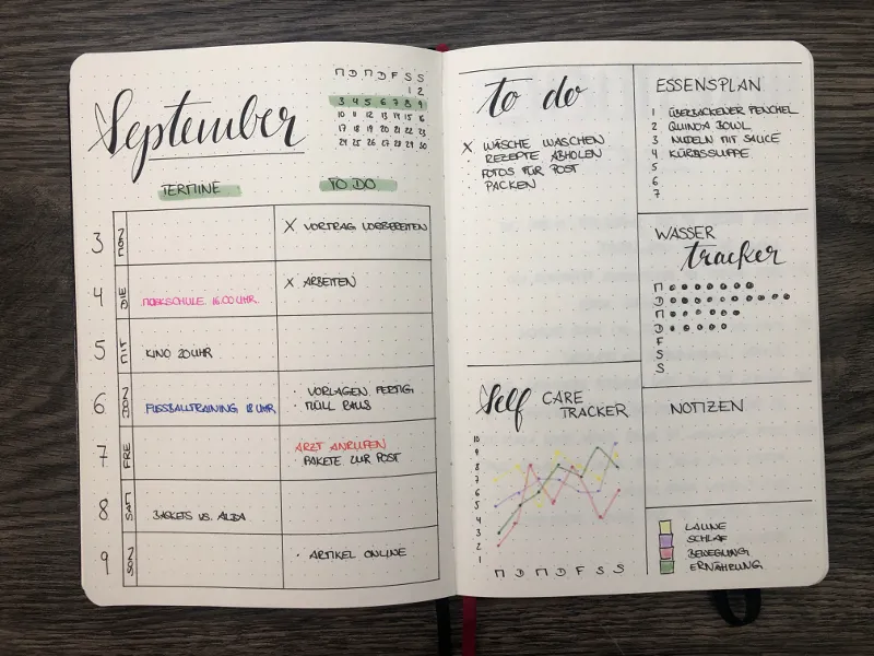 Wochenübersicht für September im Bullet Journal mit Terminen, To-do-Liste, Essensplan, Wassertracker und einem Self-Care-Tracker als Liniendiagramm