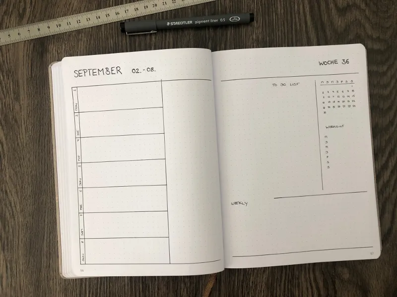 Leere Wochenübersicht September Woche 36 mit Wochentagen und Workout-Tracker