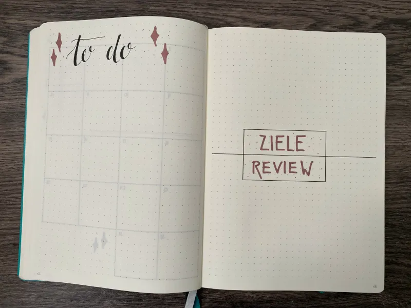 To-do-Seite und eingerahmte Überschrift Ziele Review in Handlettering