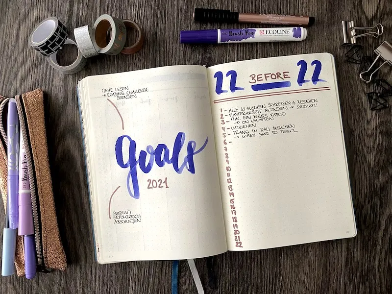 Doppelseite mit Handlettering Goals 2021 und Zielliste 22 before 22