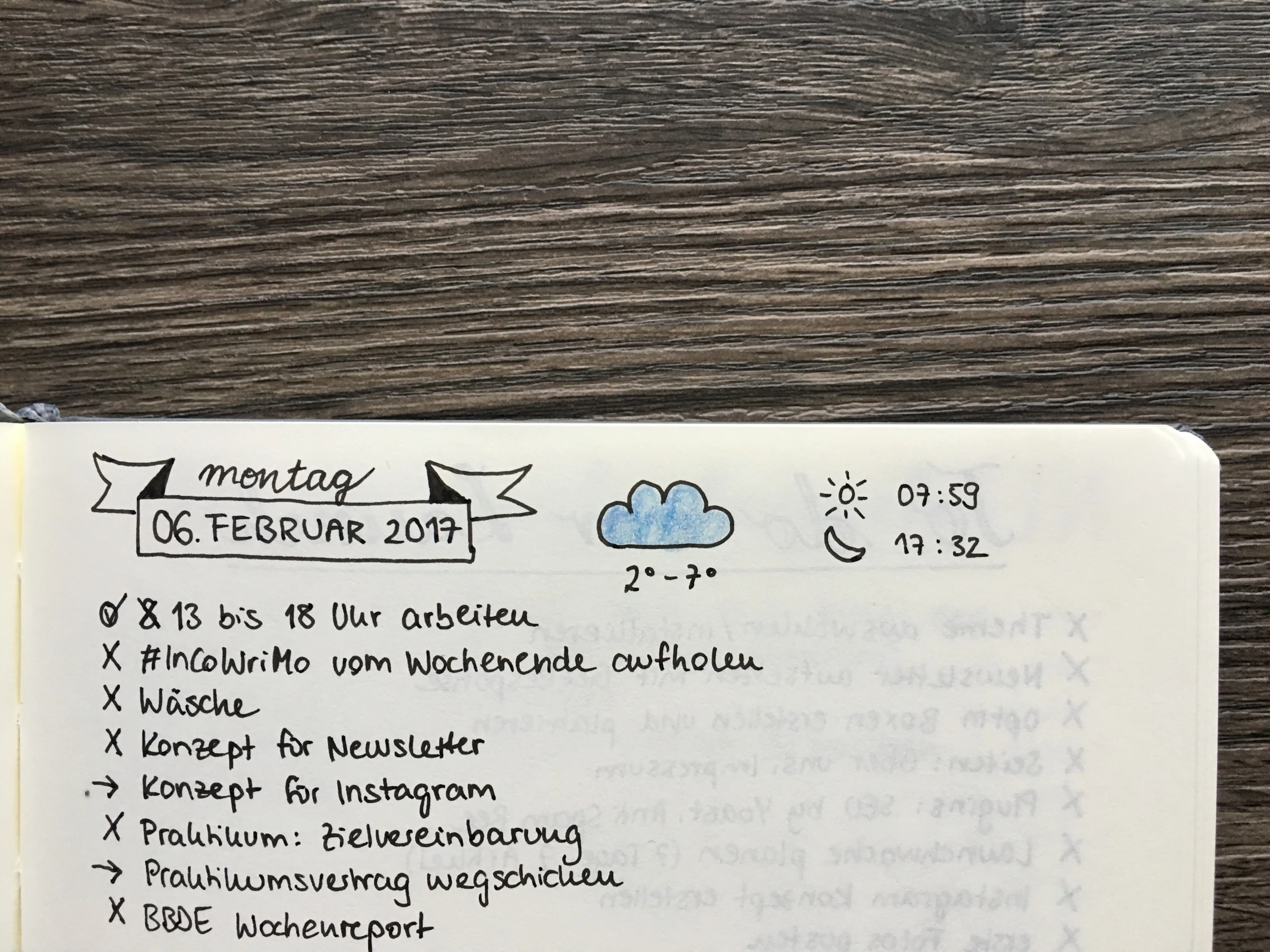 Tageslog vom 6. Februar 2017 mit gemalter Wetterwolke, Sonnenzeiten und Aufgabenliste