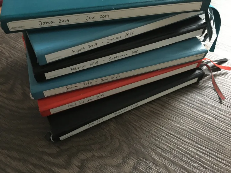 Stapel vollgeschriebener Journale, auf deren Seitenschnitten die jeweiligen Zeiträume notiert sind