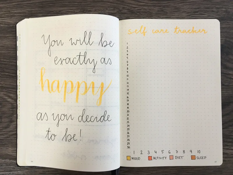 Zitatseite happy neben Self-Care-Tracker mit Legende für Mood, Activity, Diet und Sleep