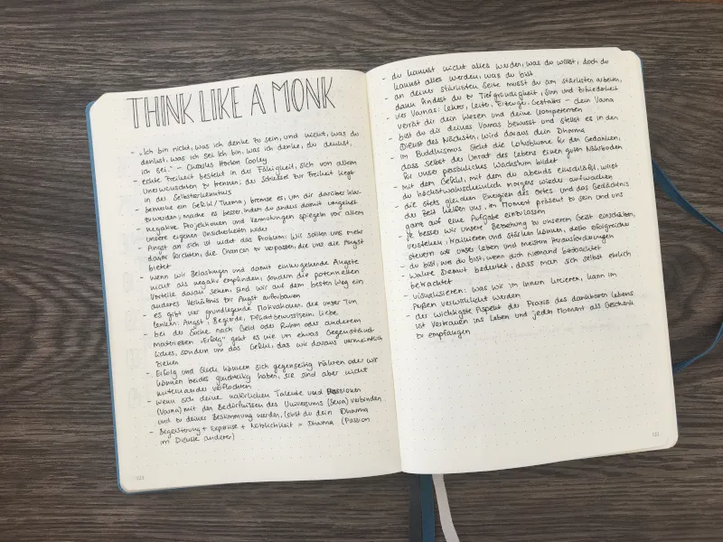 Zweiseitige Buchnotizen zu „Think Like a Monk“ im Bullet Journal, dicht in Handschrift beschrieben