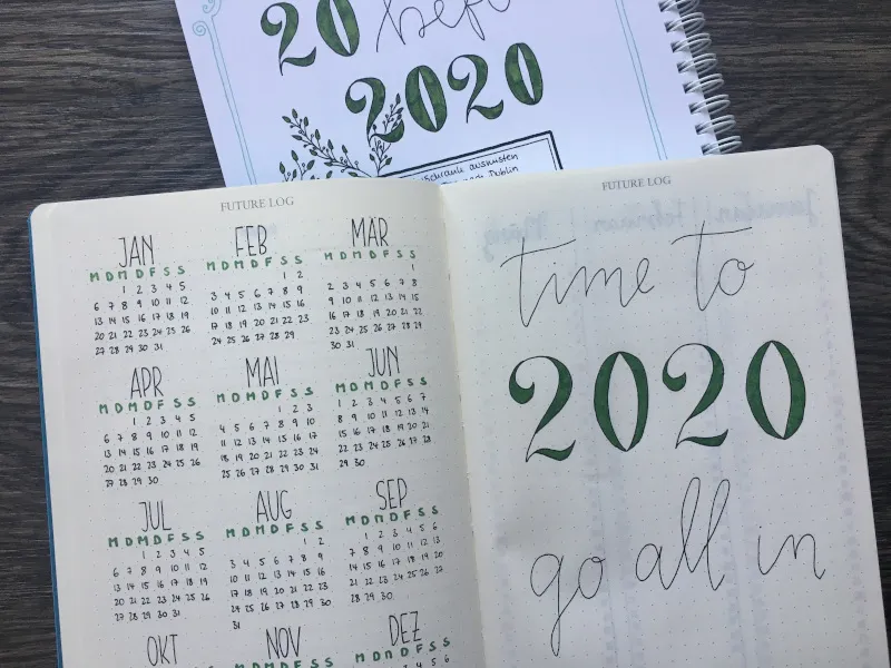 Future Log mit Jahreskalender und Handlettering time to 2020 go all in