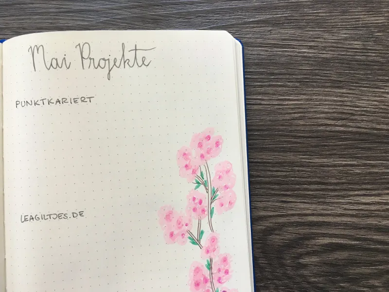 Projektseite Mai mit gemaltem rosa Kirschbluetenzweig in Aquarell