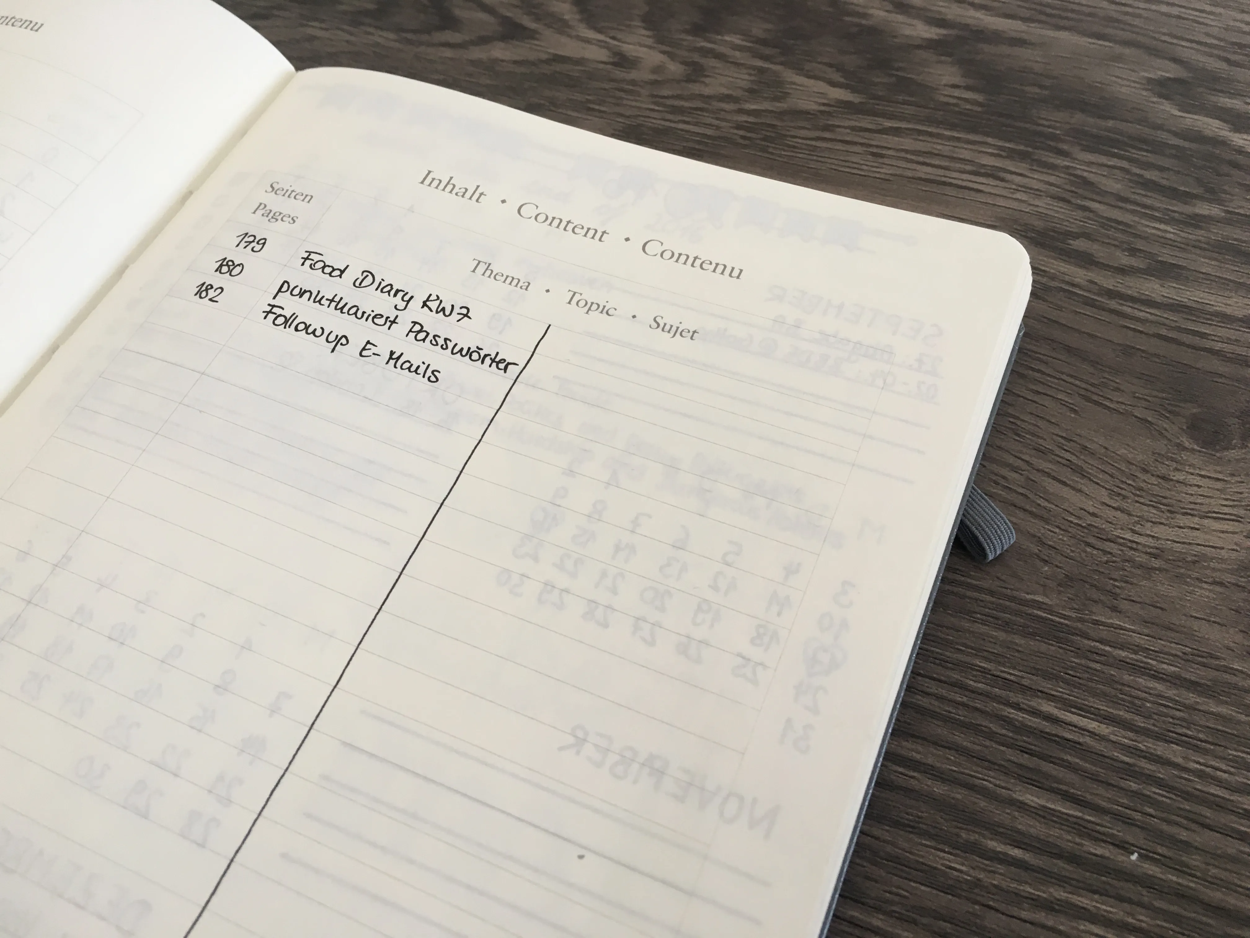 Bullet Journal Index in der Mitte geteilt