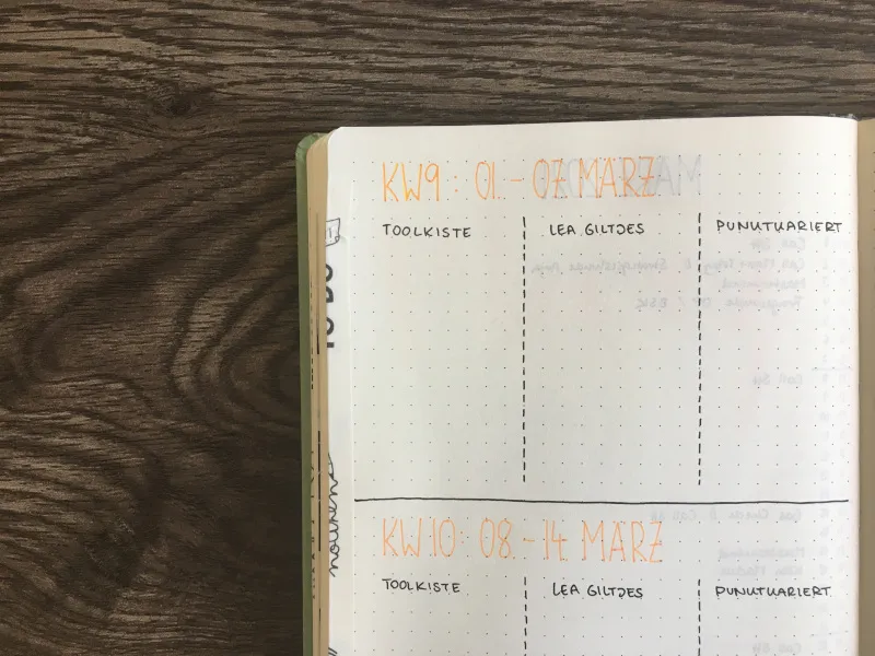 Wochenplan mit orangefarbenen Spalten Toolkiste, Lea Giltjes und Punktkariert für zwei Kalenderwochen