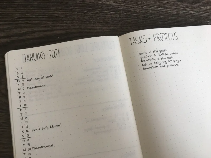 Schlichte Monatsübersicht Januar 2021 als Datumsliste in schwarzer Handschrift, rechts eine Liste mit Aufgaben und Projekten