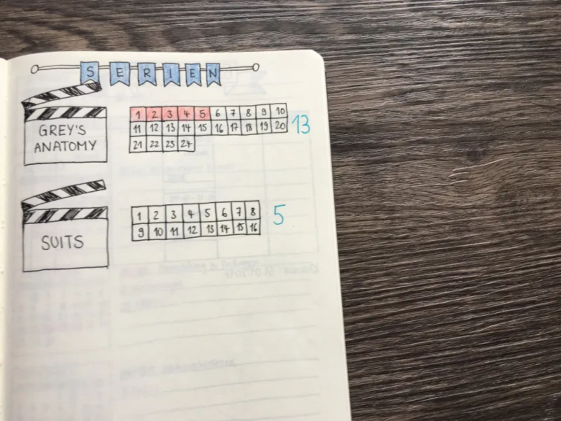 Serien-Tracker mit Episodenkaestchen fuer Greys Anatomy und Suits sowie Klappen-Doodles