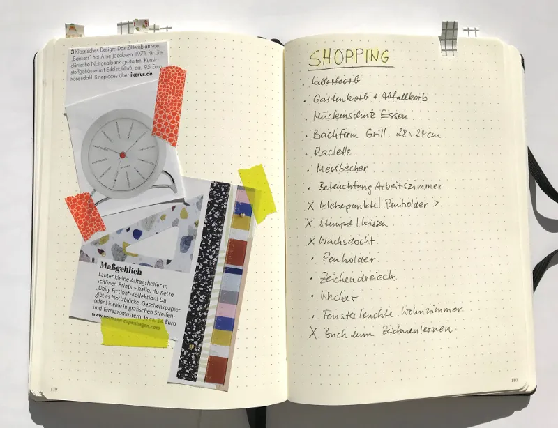 Shopping-Liste mit eingeklebten Magazin-Ausschnitten und Washi-Tape