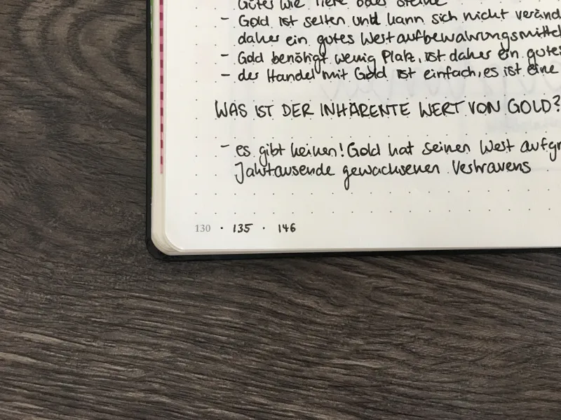 Bullet-Journal-Seite mit Notizen und mehreren Seitenzahlen am unteren Rand als Beispiel für Threading