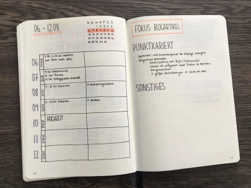 Bullet Journal Wochenübersicht August 2018