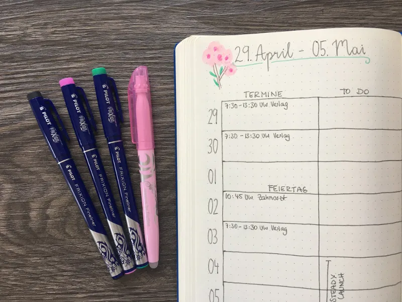 Wochenuebersicht 29. April bis 5. Mai mit Terminen und To-do-Spalte neben Pilot-Stiften