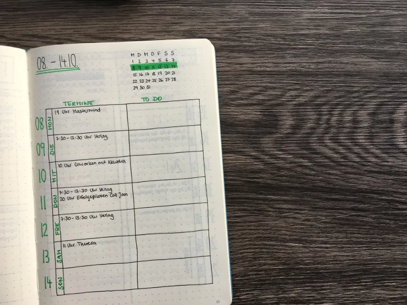 Wochenübersicht Oktober mit Spalten Termine und To Do sowie Wochentagsleiste